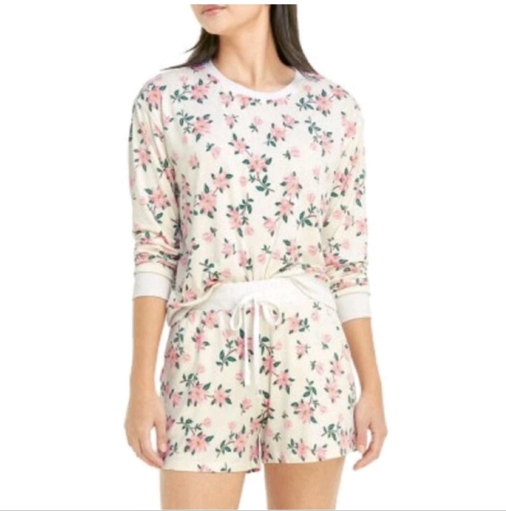 Draper James Womens Cream Floral Long Sleeve/Short Lounge PJ Set Medium